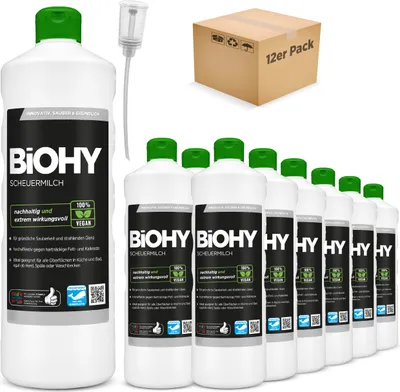 Produktbild von BiOHY Scheuermilch (12x1l Flasche) + Dosierer | entfernt eingebrannte Speisereste mühelos | gründliche Reinigung ohne zu kratzen | schonend zu Haut & Umwelt | für Emaille, Keramik & Edelstahl