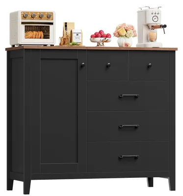 Produktbild von Sideboard Anrichte - Küchenschrank mit 5 Schubladen und 1 Tür - Buffetschrank mit Arbeitsplatte - Holz - Modern minimalistisch - Schwarz
