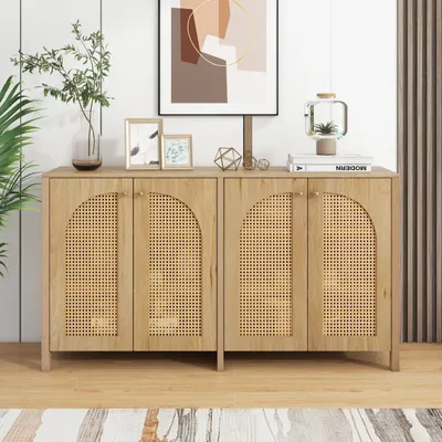 Zdjęcie produktu dla Merax kredens z regulowanymi półkami, komoda z rattanowymi drzwiczkami, kredens do salonu, 145x80x40cm, natura