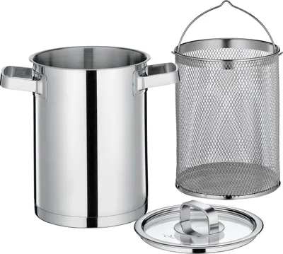 A stainless steel asparagus cooker set with a pot, a steamer basket, and a lid, displayed on a white background.