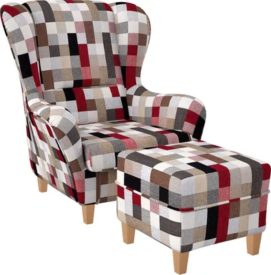 Produktbild von Supellex Sofia Ohrensessel mit Hocker | Design Patchwork kariert bunt gedeckt
