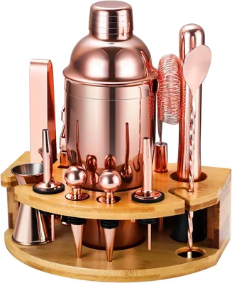 Produktbild von Cocktail Shaker Set 12-teilig, Edelstahl, Roségold, mit Bambusständer, für Zuhause