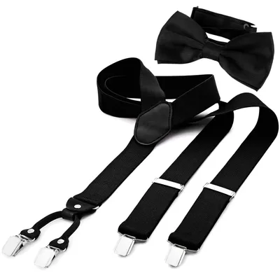 Produktbild von DonDon Herren 3,5 cm breiter Hosenträger in Y-Form elastisch und verstellbar im 2er Set mit farblich passender Fliege 12 x 6 cm Schwarz