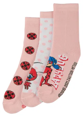 Produktbild von Miraculous Ladybug Socken Mädchen 3er Pack Kinder Strümpfe weiche Alltagssocken pink Motivsocken, Größe:23-26