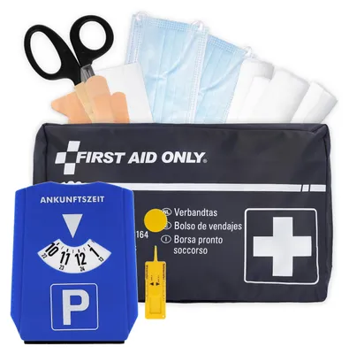 Produktbild von First Aid Only Kfz Verbandtasche DIN 13164 inkl. 5-in-1 Parkscheibe | Auto Verbandskasten als Erste Hilfe Set für HU (StVO-konform) | Notfalltasche für Auto und Motorrad | P-10019