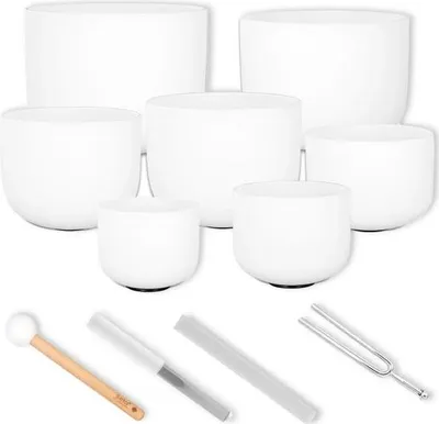 Produktbild von Sela Klangschalen Set SECF-SET 7-teilig aus Quarz mit Stimmgabel