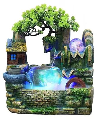 Produktbild von Wasserfall Tischbrunnen - Zimmerbrunnen Typ 1 - LED Beleuchtung - Drehende Kugel - Leise Pumpe - Harz