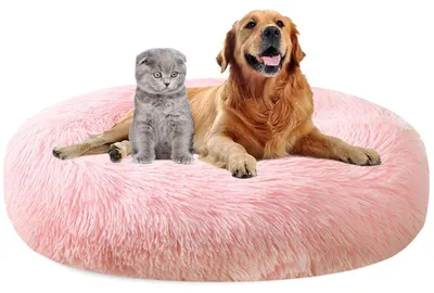 Image de Lit pour chien, forme ronde, diamètre 110 cm, rose clair, en peluche, lavable, antidérapant