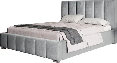A studio shot of a gray upholstered bed with a headboard and mattress.