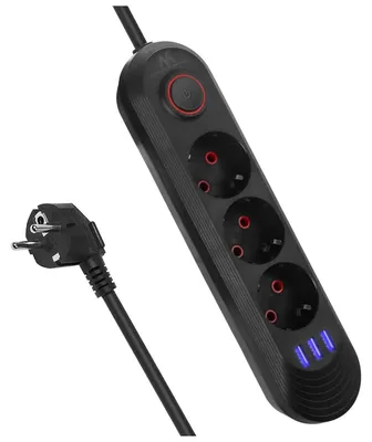 Productafbeelding van Stekkerdoos met 3 stopcontacten en 3 USB-poorten, 2500W, 1,5m