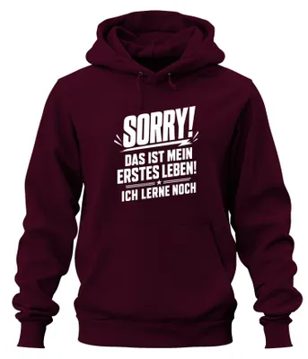 Immagine prodotto di "Sorry, questa è la mia prima vita." Felpa con cappuccio, scritta "Statement", tono sarcastico, colore bordeaux, taglia 3XL