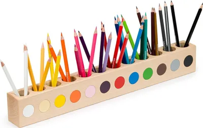 Produktbild von Obubu Montessori Schreibtisch Organizer Kinder - Stiftehalter Holz - Stifte Organizer - Stiftebox Holz - Set mit 12 Buntstiften