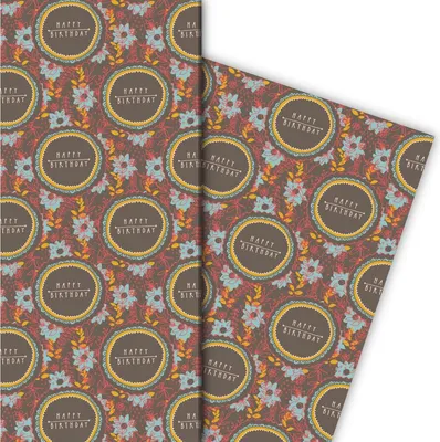 Produktbild von Happy Birthday Geschenkpapier mit Blumen auf braun - G7611, 32 x 48cm