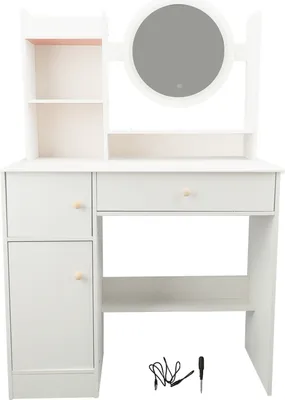 A white vanity table with a round mirror and built-in lights.