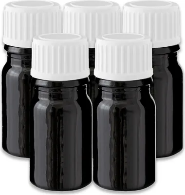 Produktbild von 5x Glasflasche schwarz 5 ml mit weißem PP Verschluss Kosmetikflaschen