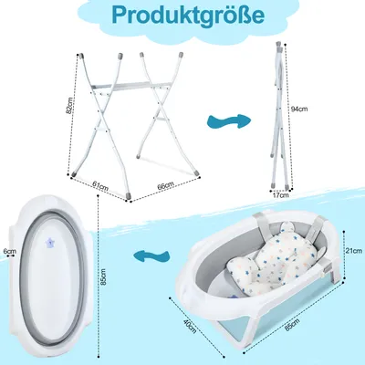 Zdjęcie produktu dla Wanienka dla niemowląt TolleTour z podstawką 85 cm – składana wanienka dla niemowląt z korkiem i poduszeczką do kąpieli, szara