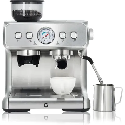 Image de Machine à expresso – Machine à café entièrement automatique avec broyeur conique – Pression de 20 bars – Réservoir d'eau de 2,8 litres – Lance vapeur et eau chaude – 30 niveaux de mouture – Argent