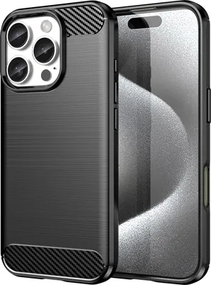 A black carbon fiber phone case for an iPhone 16 Pro is shown diagonally against a light gray background.