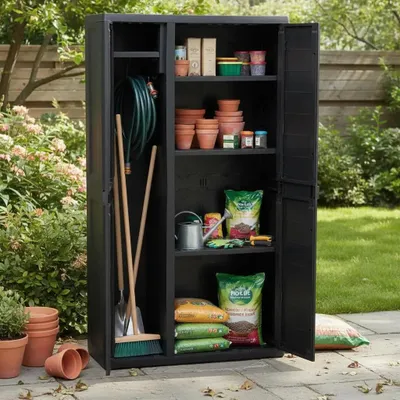 Obrázok produktu pre Záhradná skriňa – plastová skriňa na náradie do exteriéru – vodotesná – odvetrané police – uzamykateľné dvierka – 97 x 38 x 171 cm