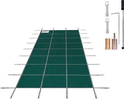 Obrázok produktu pre SucceBuy 16x40ft obdĺžnikový bezpečnostný kryt na podzemný bazén, odtokové otvory, sieťový kryt, zimná ochrana, zelený, napájanie 12V, materiál PVC