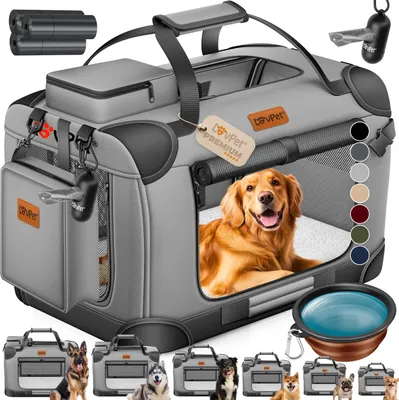 Produktbild von LOVPET® Hundebox Hundetransportbox faltbar Inkl.Hundenapf Transporttasche Hundetasche Transportbox für Haustiere, Hunde und Katzen Haustiertransportbox, Hellgrau, XXL