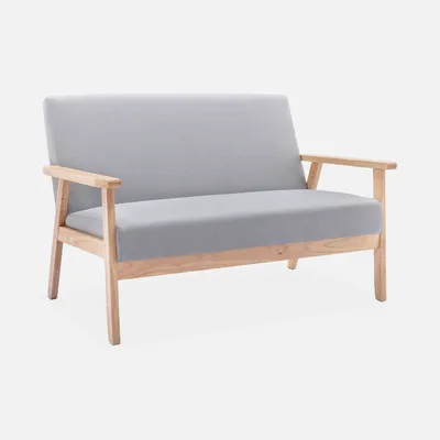 A light gray two-seater sofa with wooden legs and arms, shown from a side-angle against a plain light gray background.
