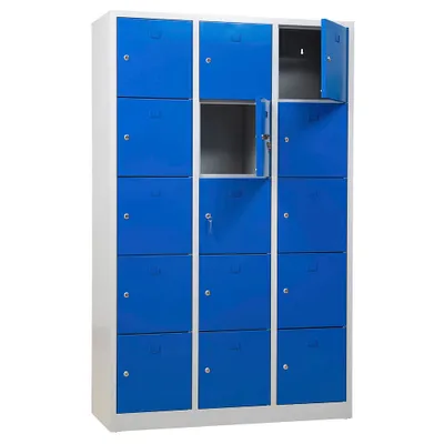 Produktbild von Gürkan Schließfachschrank lichtgrau, enzianblau 106976, 15 Schließfächer 119,0 x 45,0 x 190,0 cm