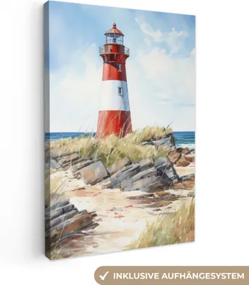 Produktbild von MuchoWow® - Leinwandbilder - Leuchtturm - Felsen - Meer - Natur - Maritim, Wandbild, Wanddeko Bilder Wohnzimmer, 60x90cm