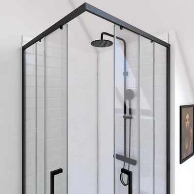 Produktbild von Duschkabine 90x90 MARWELL Factory 90x90x200 cm - Eckdusche Dusche mit matten Aluminiumrahmen in schwarz - mit Schiebetür