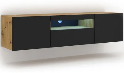 Image de Meuble TV bas Aura 150 cm, à suspendre ou à poser, meuble universel, meuble TV, buffet, meuble hi-fi, meuble suspendu, chêne Artisan et noir mat avec LED