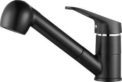 A black kitchen faucet with a pull-out spray head, shown against a white background.