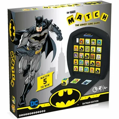 A product box for the Top Trumps Match - Batman Edition board game, showing Batman on the front and the game board with cards and dice.