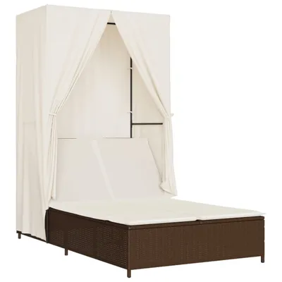 Produktbild von vidaXL Doppel-Sonnenliege mit Dach und Vorhängen Braun Poly Rattan