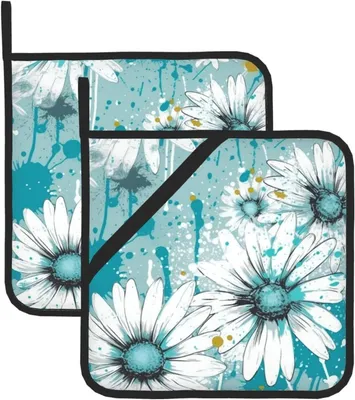 Produktbild von 2 Topflappen mit Gänseblümchen-Aquarelldruck, hitzebeständig für Mikrowelle, Kochen, Backen, Ofen und Grill