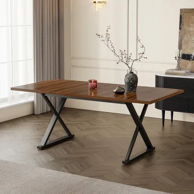 Image de Table à manger, 180 x 90 x 75 cm, style moderne, robuste, pieds en métal, pour 6 à 8 personnes, couleur noyer, noir