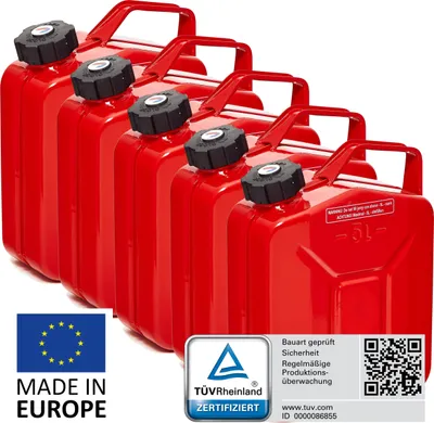 Produktbild von BW® Kraftstoffkanister Metall Benzinkanister 5x 5 Liter mit Schraubverschluss - Rot RAL 3000 - UN-Zulassung - Hergestellt in Europa