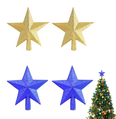 4er-Set Glitzer-Weihnachtsbaumspitzen Gold/Blau 10 cm