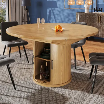 Immagine prodotto di Tavolo da pranzo allungabile Flieks con vano portaoggetti a due ripiani integrato, tavolo da pranzo con ante scorrevoli curve, spazio per un massimo di 6 persone, colore legno