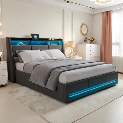 Obrázok produktu pre Čalúnená posteľ – dvojposteľ – 140 x 190 cm – s úložným priestorom – čelo s LED osvetlením a USB portom – kovový rám – látkové čalúnenie