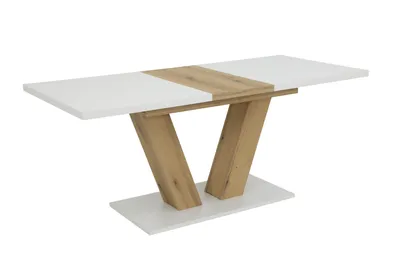 A dining table with a white top and wooden accents on a white background.