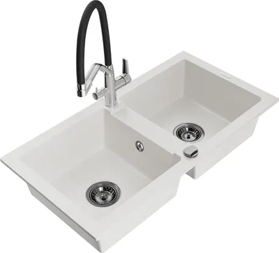 Immagine prodotto di Mexen Mario lavello in granito 2 vasche con rubinetto da cucina Duo, bianco - 6504-20-671701-07-B