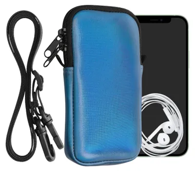 Produktbild von kwmobile Handytasche für Smartphones M - 5,5" - Neopren Handy Hülle Metallic Karibikblau mit Kordel - Handy Tasche mit Handykette 15,2 x 8,3 cm