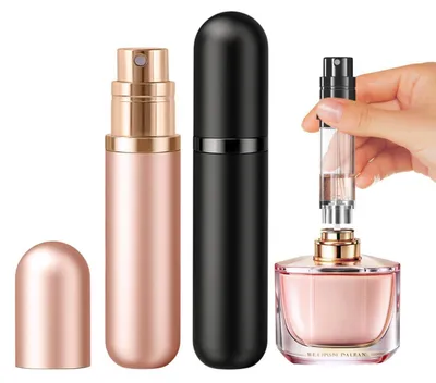 Zdjęcie produktu dla Przenośny atomizator do perfum, pojemność 5 ml, kolor czarny i różowe złoto, do wielokrotnego napełniania