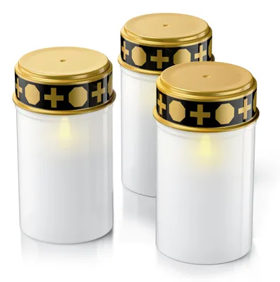 Zdjęcie produktu dla Zestaw 3 lamp LED do grobów, zasilanych bateriami, z efektem migotania i ciepłym, białym światłem (3000 K). Czas świecenia: około 4 miesiące na jednym zestawie baterii. Odporne na warunki atmosferyczne. Lampy nagrobne, 3 sztuki, białe