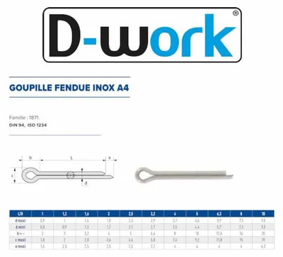 Image de 100 Goupilles Fendues D. 5 x 50 mm - DIN 94 - Inox A4 - D-Work