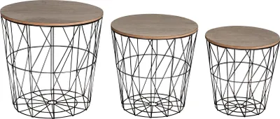 Three wire basket side tables with wooden tops are displayed against a white background.