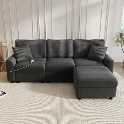 Zdjęcie produktu dla Merax – nowoczesna sofa 3-osobowa, narożna sofa w kształcie litery L z podnóżkiem, sofa z tkaniny szenilowej, złącze USB typu C, z poduszkami, duża sofa do salonu, czarna