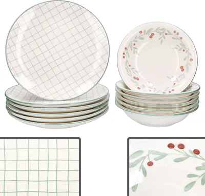 A set of plates and bowls with a grid pattern and a holly berry design.