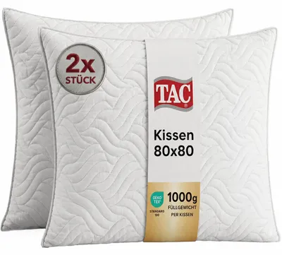 Zdjęcie produktu dla Poduszki Taç 80x80 cm, zestaw 2 szt. – pikowane laserowo, wzmocniona poszewka z wkładką z polaru, 100% poliester 85 g\/m², wypełnienie 1000 g na poduszkę, wyjątkowo miękka poduszka do spania, nadająca się do prania, odpowiednia dla alergików.