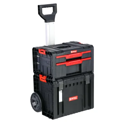 A modular tool box set with a retractable handle and wheels, presented against a white background.